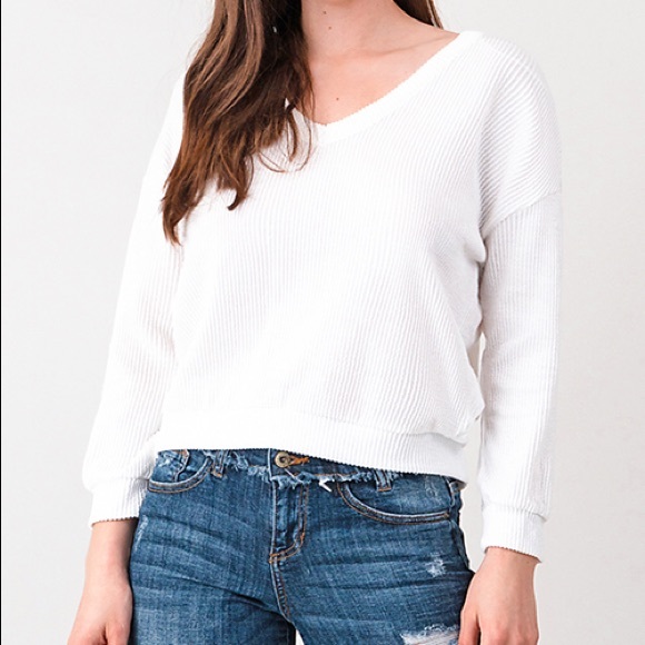 White Ribbed Lace Up Sweater - Picture 5 of 5